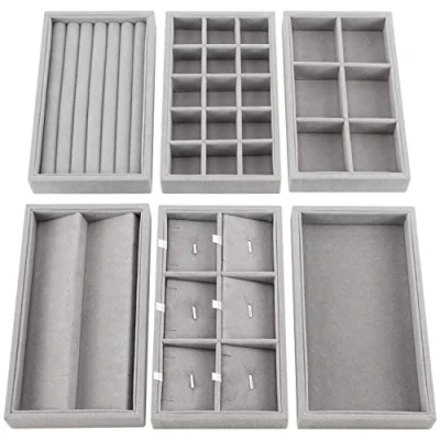 Image of BELLE VOUS 6 Pack of Grey Velvet Stackable Jewellery Organiser Storage Trays Assorted Drawer Display Boxes 36 Total Compartments for Necklaces, Rings, Bracelets, Earrings, and More