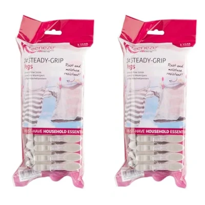 Image of Kleeneze COMBO 5291 Steady Grip Pegs 48 Clothes Grips, 2 x 24 Packs, Set of 2, Use On Indoor/Outdoor Washing Lines, Non Slip Laundry, Rust &amp; Moisture Resistant Strong Durable, Grey/Pink