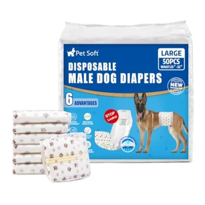 Image of Pet Soft Dog Nappies Male Disposable Wraps 50 Counts, Super Absorbent Puppy Diapers Incontinence Nappy with Wetness Indicator (L Count)