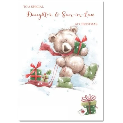 Image of doodlecards Daughter and Son in Law Christmas Card Cute Bear with Sled Medium Size for &amp; Plain Envelope