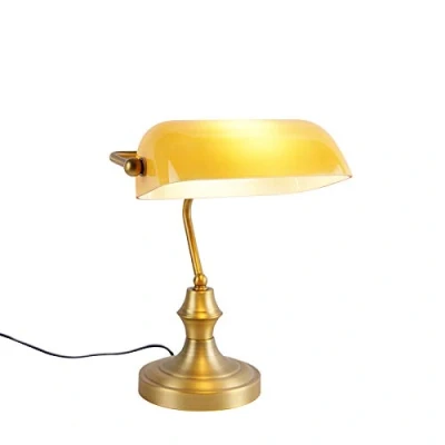 Image of Qazqa Classic Notary lamp Bronze with Amber Glass Banker I Antique Suitable for LED E27 1 Light Table Living Room Bedroom
