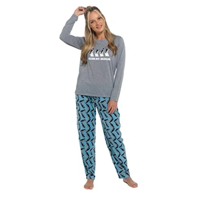 Image of Slumber Hut® Jersey Pyjamas Womens Soft Cosy Comfy Pajamas Printed PJ&#039;s for Women and Children Grey Penguin Microfleece Pants Size Girls 13 Years