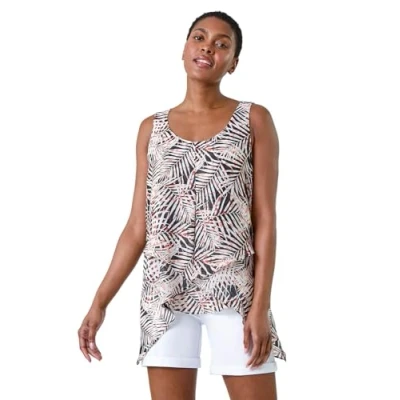 Image of Roman Originals Women Sleeveless Floral Print Chiffon Top Vest Ladies Asymmetric Tropical Blouse Casual Flattering Overlay Light Long Summer Holiday Evening Special Occasion Black Multi Size 10