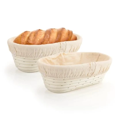Image of YKUKIZEE 2 Pcs Oval Bread Proofing Basket 25x15x8 cm, Rattan Banneton Basket, Sourdough Proving Handmade Brotform Bowl with Cloth Liner