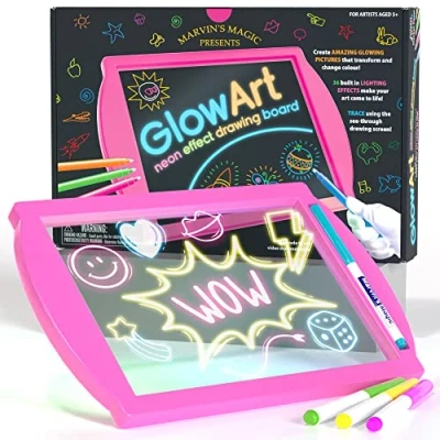 Image of Marvin&#039;s Magic Amazing Glow Art Light Up Kids Drawing Tablet Children&#039;s Set Includes Neon Effect Board with A Built in Stand and 4 Fluorescent Pens Pink