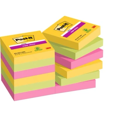 Image of Post it Super Sticky Notes 622 12SS CARN, Carnival Colour Collection, 47.6 mm x mm, 90 Sheets/Pad, 12 Pads/Pack