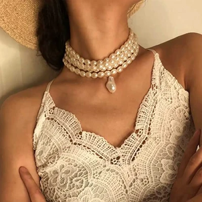 Image of Prosy Layered Pearl Choker Necklace Adjustable Collar Necklaces for Women and Girls (B)