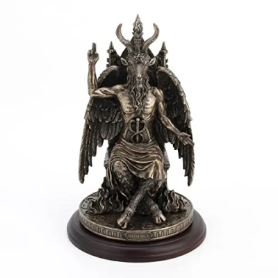 Image of Veronese Design Resin Baphomet Statue Satanic Decor Sculpture Bronze Finish Cherry Wood Plinth