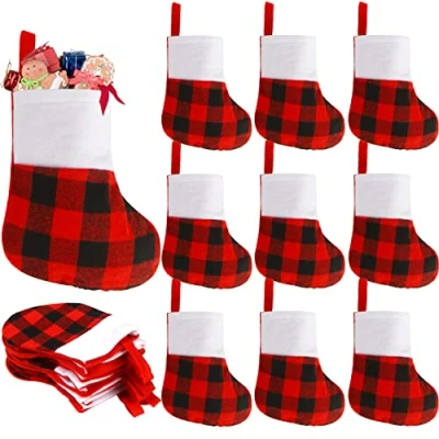 Image of LOKIPA Small Christmas Stockings, 12 Pack Mini Stockings Red Buffalo Plaid Xmas Bulk with Plush Cuff for Tree Decor