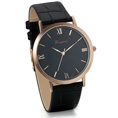 Image of JewelryWe Men Classic Leather Strap Round Dial Clock Quartz Wrist Watch Black