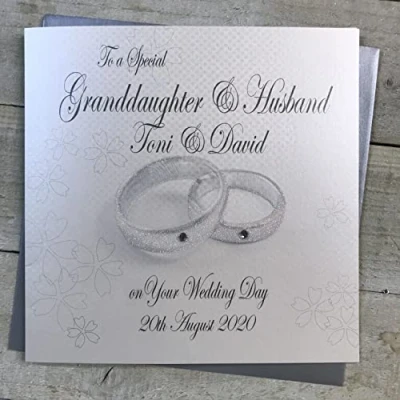 Image of WHITE COTTON CARDS PERSONALISED WEDDING CARD. GLITTERY RINGS DESIGN GRANDDAUGHTER &amp; HUSBAND Handmade (PPS156 XPPS156)