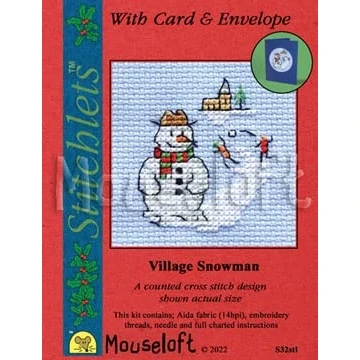 Image of Mouseloft Counted Cross Stitch Christmas Card Kit Village Snowman Includes and Envelope