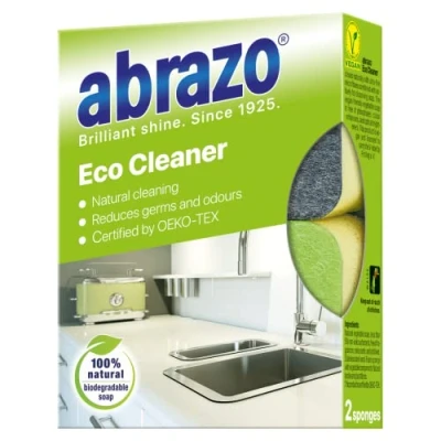 Image of abrazo Eco Cleaner, biodegradable washing up sponge non scratch scourers for kitchen &amp; dishes with dual action: soap + microfibre, pack of 2