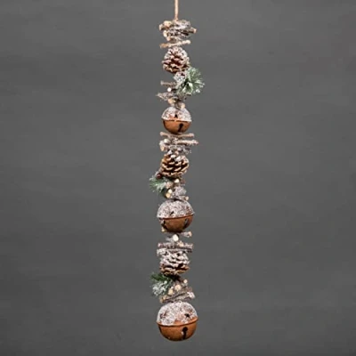 Image of SHATCHI 90cm Garland with Rustic Jingle Bells Wooden Sticks, Berries and Pinecones Christmas Home Wall Door Hanger Sleigh Xmas Holiday Hanging Decorations