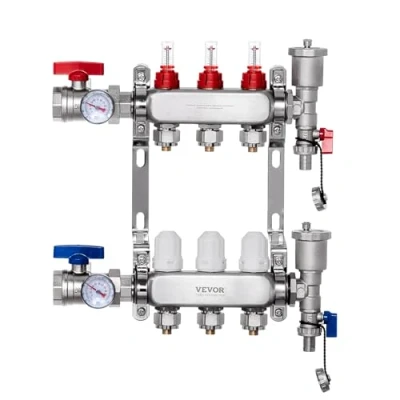Image of VEVOR 7012 25 03 00 3 Branch Tubing, Stainless Steel Hydronic Floor, Radiant Heat PEX Manifold Kit with 1/2&quot; Adapters Included, Silver