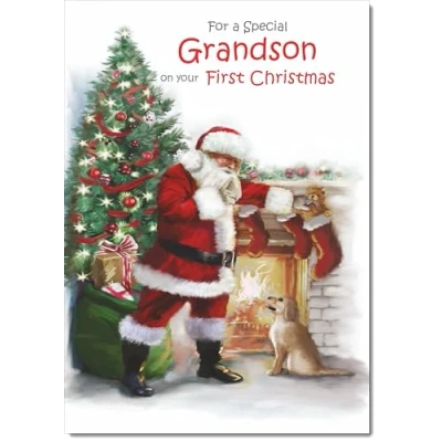 Image of doodlecards Grandsons 1st First Christmas Card Santa by Tree Medium Size for with Plain Envelope