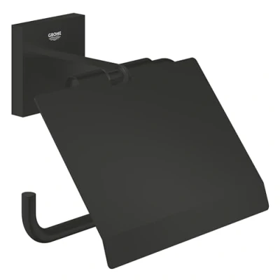Image of GROHE Start Cube QuickFix Toilet Roll Holder with Cover (Metal, Wall Mounted, Concealed Fastening, Including Screws and Dowels), Size 111 mm, Easy to Fit QuickGlue, Matt Black, 411022430