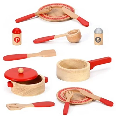 Image of SOKA Wooden Kitchen Red 14PC Cooking Set Interactive Pretend Role Playset Early Developmental Miniature Educational Preschool Learning Toy for Children Kids Girls Ages 3 year old +