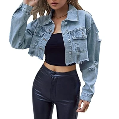 Image of TOMPPY Jackets For Women Uk, Women&#039;S Denim Jacket Fashion Lapel Long Sleeve Button Up Crop Boyfriend Jean Coat Vintage Distressed Ripped Frayed Spring Transition Casual Outwear,S