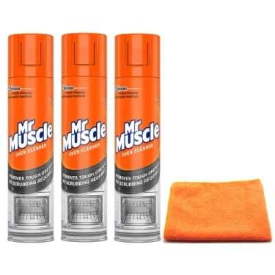 Image of Mr Muscle Oven Cleaner Spray (3X 300 ML) BBQ Degreaser for Tough Grease, Grime with Ultra Absorbent Microfibre Cleaning Cloth (Pack of 3)