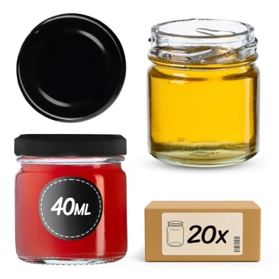 Image of KADAX Glass Jars 40 ml, Mini Preserving with Metal Lids for Homemade Jam and Honey, Small Storing Spices Herbs (Black, Set of 20)