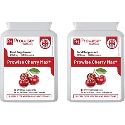 Image of Cherry Max+ (Pack of 2) 2100mg Montmorency Added with Black I 90 Vegan Capsules High Strength Made in The UK by Prowise Healthcare