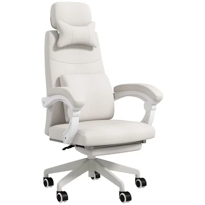 Image of Vinsetto Office Chair, Ergonomic Desk High Back Fabric Work Chair with 160 Reclining Backrest, Retractable Footrest, Neck and Lumbar Pillow for Home Study, White