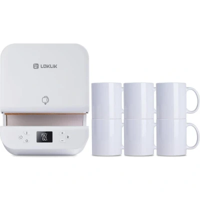 Image of LOKLIK Impress Auto Tumbler Heat Press Mug Machine with 6 Pack Sublimation Mugs Set Printmaking Kit, Transfer Printing Shut Off White Craft Printer