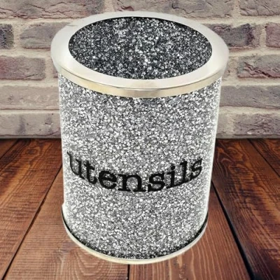 Image of Biznest Crushed Diamond Silver Utensil Holder Crystal Utensils Pot Jar Kitchen Storage Bin