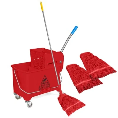 Image of Curvaso 20L Kentucky Floor Cleaning Mop Bucket Set, Handle Holder, 2 Mopping Heads Wringer System with Wheels For Home Commercial School Restaurant Office Pub Red