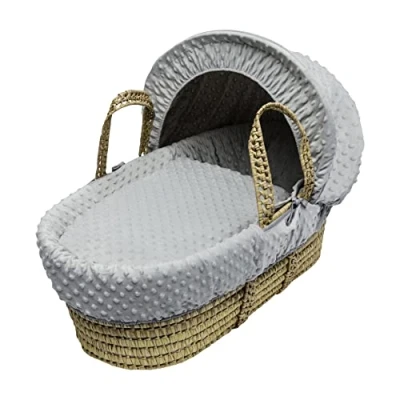 Image of Kinder Valley Grey Dimple Palm Moses Basket with Natural Folding Stand, Adjustable Hood, Fibre Mattress &amp; Padded Liner