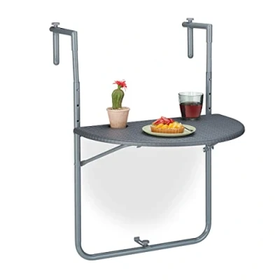 Image of Relaxdays Balcony Hanging Table Foldable, WXD: 59.5 x 63 cm, Height Adjustable, 2 Cup Holders, Grey, 84x59.5x63 cm