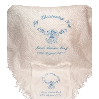 Image of Baby’s Personalised Christening/Baptism/Naming Day Guardian Angel Shawl &amp; Bib Set (Blue)