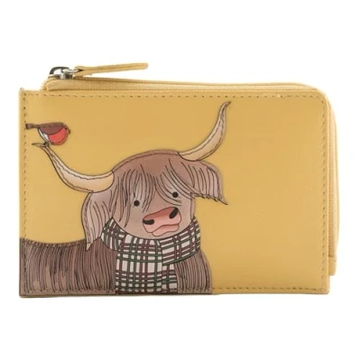 Image of Mala Leather Callum Highland Cow &amp; Robin RFID Coin Card Purse (Yellow)