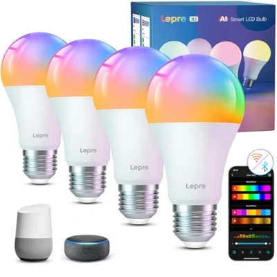 Image of Lepro B2 AI Smart Bulb E27, 1100LM Music Sync Screw Bulb, Voice Control Colour Changing Light Bulbs, Lighting Design Assistant,Bluetooth &amp; WiFi Bulb,Work with Alexa Google Assistant,4 Packs