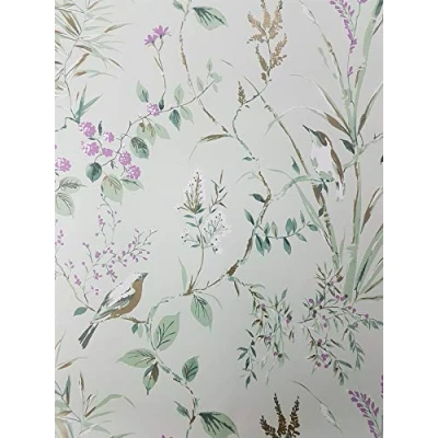 Image of Floral Birds Wallpaper Mint Plum Metallic Flower Shimmer Y�L Mariko