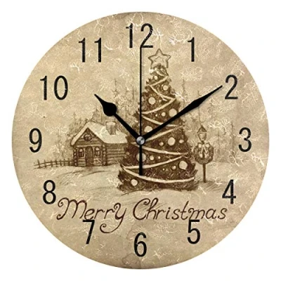 Image of Use7 Home Decor Vintage Winter Landscape House Christmas Round Acrylic Wall Clock Non Ticking Silent Art for Living Room Kitchen Bedroom