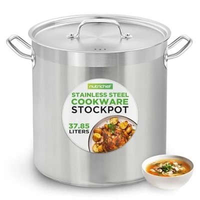 Image of NutriChef Stainless Steel Cookware Stockpot, 37.8 Litres Heavy Duty Induction Soup Pot with Lid and Strong Riveted Handles, Even Heat Distribution, Compatible Most Cooktops
