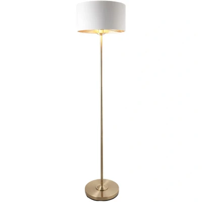 Image of Highclere Floor Lamp with Shade Antique Brass Plate, Vintage White Fabric, 1x E27