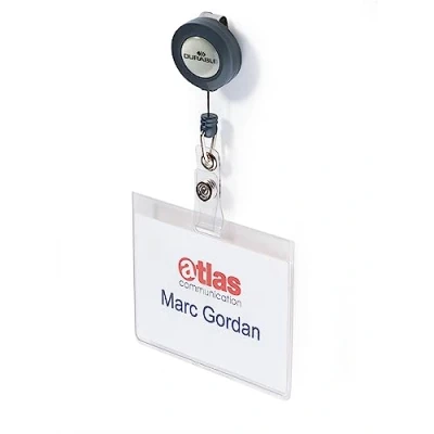 Image of Durable Name Badge 60 x 90 mm with Reel Transparent Pack of 10 Badges Includes Blank Insert Cards Ideal for Events and Visitor Management