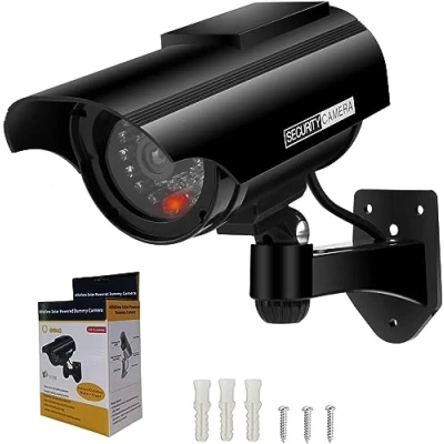 Image of AlfaView Fake Dummy Imitation CCTV Security Camera, Solar Powered Surveillance Camera with Flashing LED Light Bullet Shape, Outdoor Indoor Use for Homes &amp; Business