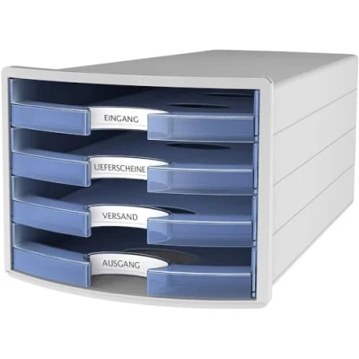 Image of Han 1013 64 Impuls Drawer Box DIN A4/C4 4 Open Drawers Light Grey/Translucent Blue
