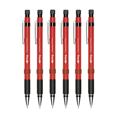 Image of rOtring Visumax Mechanical Pencils 0.7mm Pack of 6 Refillable Twist Out Eraser Rubber Grip (Red Barrels)