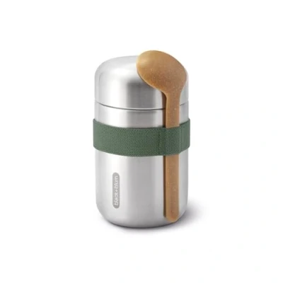Image of BLACK + BLUM Food Flask Vacuum Insulated 304 Stainless Steel Container with Leak Proof Lid, Nylon Strap and Natural Wood Fibre Spoon Keeps Hot for 6 hrs, Cold 8 Olive 400ml