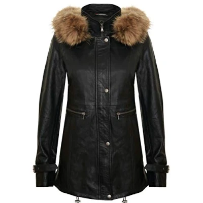 Image of Women&#039;s Black Warm Leather Jacket Detachable Hooded Parker Trench Coat L
