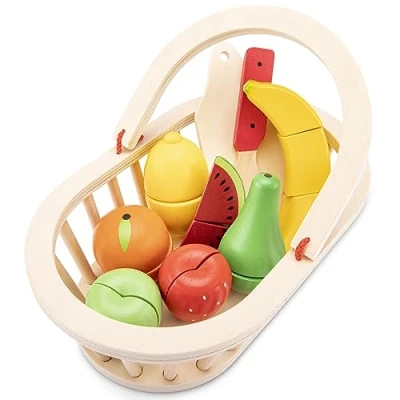 Image of New Classic Toys 10588 Wooden Pretend Play Kids Cutting Meal Fruit Basket Cooking Simulation Educational Perception Toy for Preschool Age Toddlers Boys Girls, Multi Color