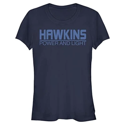 Image of Stranger Things Women&#039;s Hawkins Power and Light Short Sleeve T Shirt, Navy, Large