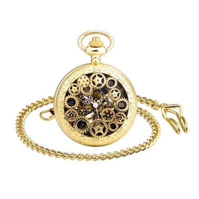 Image of MICGIGI Unisex Mechanical Hand Wind Pocket Watch Retro Gear Punk Skeleton Fob Watches with Chain