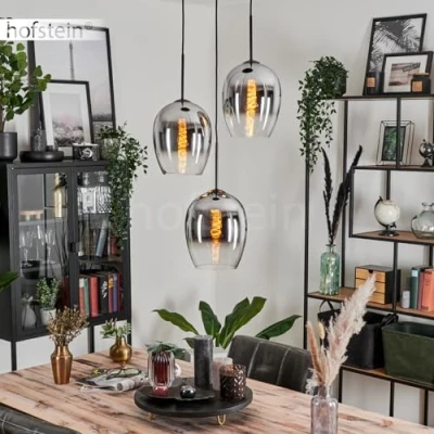 Image of Vevino Hanging Light, Light Made of Metal/Glass in Black/Chrome/Clear, Glass lampshades (Ø 20 cm), Height max. 137.5 cm, 3 x E27, Without Bulbs