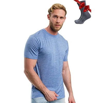 Image of Merino.tech Merino Wool T Shirt Mens 100% Organic Undershirt Lightweight Base Layer + Hiking Socks (Deep Blue, Medium)